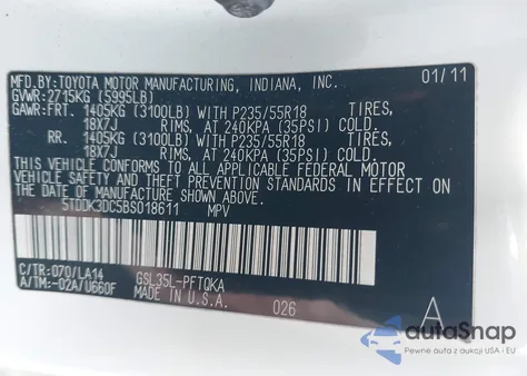 2011 Toyota Sienna Limited z USA, uszkodzony, nr VIN 5TDDK3DC5BS018611